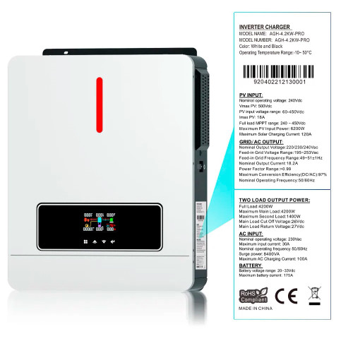 Гібридний інвертор Daxtromn AGH-4.2KW, 24 В, 120 А, 4200 Вт (безперебійник, UPS, ДБЖ) Гібридний інвертор Daxtromn AGH-4.2KW, 24 В, 120 А, 4200 Вт (безперебійник, UPS, ДБЖ)