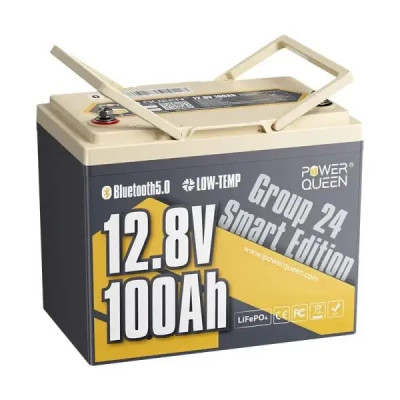 Аккумулятор Power Queen LiFePO4 12V/100AH Group 24 (1280W*h), (Smart BMS, Bluetooth, Low Temp, 260х170х200мм)
