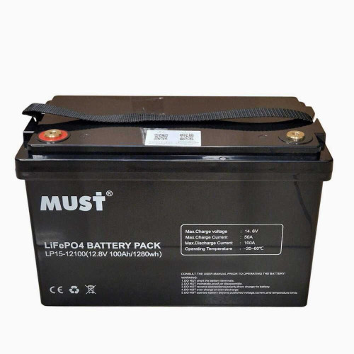 Акумулятор MUST LiFePO4 12V/100AH (1280W*h) Smart BMS, Bluetooth (325х170х215 мм, для будинку, котла, сонячних батарей)