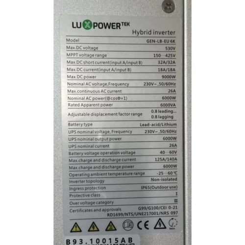 Гібридний інвертор LUXPOWER 6кВт, 1 фаза, Hybrid GEN-LB-EU 6K, 48 В, 6000 Вт, (напівпасивне охолодження, генератор) Гібридний інвертор LUXPOWER 6кВт, 1 фаза, Hybrid GEN-LB-EU 6K, 48 В, 6000 Вт, (напівпасивне охолодження, генератор)